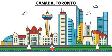 Kanada, Toronto. Şehir manzarası: mimari, binalar, sokaklar, siluet, peyzaj, panorama, yerler. Düzenlenebilir vuruş. Düz çizgi vektör çizim tasarım. İzole Icons set