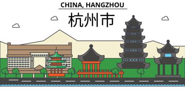 Çin, Hangzhou. Şehir manzarası: mimari, binalar, sokaklar, siluet, peyzaj, panorama, yerler. Düzenlenebilir vuruş. Düz çizgi vektör çizim tasarım. İzole Icons set