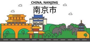 Çin, Nanjing. Şehir manzarası: mimari, binalar, sokaklar, siluet, peyzaj, panorama, yerler. Düzenlenebilir vuruş. Düz çizgi vektör çizim tasarım. İzole Icons set