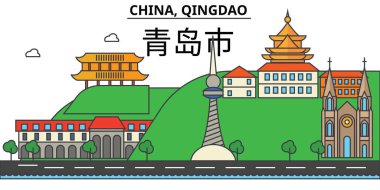 Çin, Qingdao. Şehir manzarası: mimari, binalar, sokaklar, siluet, peyzaj, panorama, yerler. Düzenlenebilir vuruş. Düz çizgi vektör çizim tasarım. İzole Icons set