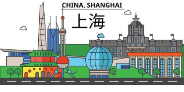 Çin, Shanghai. Şehir manzarası: mimari, binalar, sokaklar, siluet, peyzaj, panorama, yerler. Düzenlenebilir vuruş. Düz çizgi vektör çizim tasarım. İzole Icons set