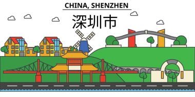 Çin, Shenzhen. Şehir manzarası: mimari, binalar, sokaklar, siluet, peyzaj, panorama, yerler. Düzenlenebilir vuruş. Düz çizgi vektör çizim tasarım. İzole Icons set