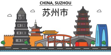 Çin, Suzhou. Şehir manzarası: mimari, binalar, sokaklar, siluet, peyzaj, panorama, yerler. Düzenlenebilir vuruş. Düz çizgi vektör çizim tasarım. İzole Icons set