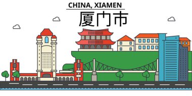 Çin, Xiamen. Şehir manzarası: mimari, binalar, sokaklar, siluet, peyzaj, panorama, yerler. Düzenlenebilir vuruş. Düz çizgi vektör çizim tasarım. İzole Icons set