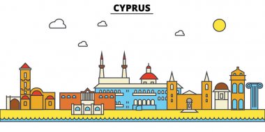 Cyprus, Kıbrıs. Şehir manzarası: mimari, binalar, sokaklar, siluet, peyzaj, panorama, yerler. Düzenlenebilir vuruş. Düz çizgi vektör çizim tasarım. İzole Icons set