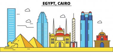Mısır, Kahire. Şehir manzarası: mimari, binalar, sokaklar, siluet, peyzaj, panorama, yerler. Düzenlenebilir vuruş. Düz çizgi vektör çizim tasarım. İzole Icons set