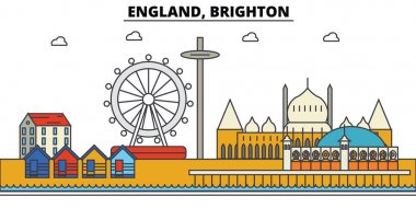 İngiltere, Brighton. Şehir manzarası: mimari, binalar, sokaklar, siluet, peyzaj, panorama, yerler. Düzenlenebilir vuruş. Düz çizgi vektör çizim tasarım. İzole Icons set