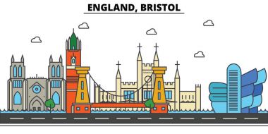 İngiltere ' de Bristol. Şehir manzarası: mimari, binalar, sokaklar, siluet, peyzaj, panorama, yerler. Düzenlenebilir vuruş. Düz çizgi vektör çizim tasarım. İzole Icons set