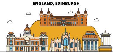 İngiltere, Edinburgh. Şehir manzarası: mimari, binalar, sokaklar, siluet, peyzaj, panorama, yerler. Düzenlenebilir vuruş. Düz çizgi vektör çizim tasarım. İzole Icons set