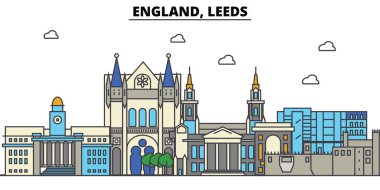 İngiltere ' de Leeds. Şehir manzarası: mimari, binalar, sokaklar, siluet, peyzaj, panorama, yerler. Düzenlenebilir vuruş. Düz çizgi vektör çizim tasarım. İzole Icons set