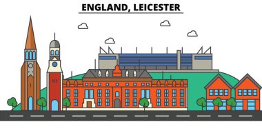 İngiltere Leicester. Şehir manzarası: mimari, binalar, sokaklar, siluet, peyzaj, panorama, yerler. Düzenlenebilir vuruş. Düz çizgi vektör çizim tasarım. İzole Icons set