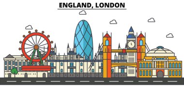 İngiltere, Londra. Şehir manzarası: mimari, binalar, sokaklar, siluet, peyzaj, panorama, yerler. Düzenlenebilir vuruş. Düz çizgi vektör çizim tasarım. İzole Icons set
