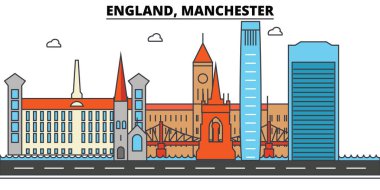 İngiltere ' de Manchester. Şehir manzarası: mimari, binalar, sokaklar, siluet, peyzaj, panorama, yerler. Düzenlenebilir vuruş. Düz çizgi vektör çizim tasarım. İzole Icons set