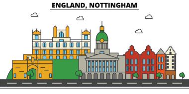 İngiltere Nottingham. Şehir manzarası: mimari, binalar, sokaklar, siluet, peyzaj, panorama, yerler. Düzenlenebilir vuruş. Düz çizgi vektör çizim tasarım. İzole Icons set