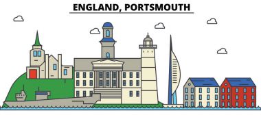 İngiltere Portsmouth. Şehir manzarası: mimari, binalar, sokaklar, siluet, peyzaj, panorama, yerler. Düzenlenebilir vuruş. Düz çizgi vektör çizim tasarım. İzole Icons set