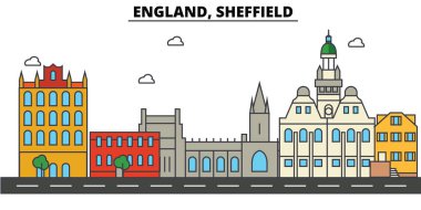 İngiltere de Sheffield. Şehir manzarası: mimari, binalar, sokaklar, siluet, peyzaj, panorama, yerler. Düzenlenebilir vuruş. Düz çizgi vektör çizim tasarım. İzole Icons set