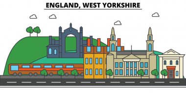 İngiltere, Batı Yorkshire. Şehir manzarası: mimari, binalar, sokaklar, siluet, peyzaj, panorama, yerler. Düzenlenebilir vuruş. Düz çizgi vektör çizim tasarım. İzole Icons set