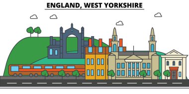 England, West Yorkshire. City skyline: architecture, buildings, streets, silhouette, landscape, panorama, landmarks. Editable strokes. Flat design line vector illustration concept. Isolated icons set clipart