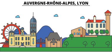 Fransa, Lyon, Auvergne Rhone Alpes. Şehir manzarası: mimari, binalar, sokaklar, siluet, peyzaj, panorama, yerler. Düzenlenebilir vuruş. Düz çizgi vektör tasarlamak. Icons set