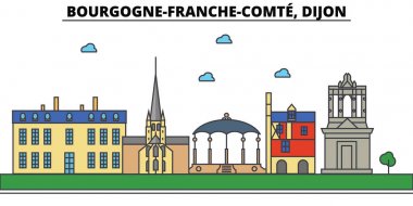 Fransa, Dijon, Bourgogne Franche Comte. Şehir manzarası: mimari, binalar, sokaklar, siluet, peyzaj, panorama, yerler. Düzenlenebilir vuruş. Düz çizgi vektör çizim tasarım
