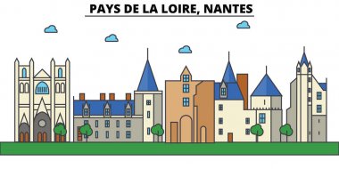 Fransa, Nantes, De La Loire öder. Şehir manzarası: mimari, binalar, sokaklar, siluet, peyzaj, panorama, yerler. Düzenlenebilir vuruş. Düz çizgi vektör çizim tasarım. İzole