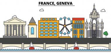 Fransa, Geneva. Şehir manzarası: mimari, binalar, sokaklar, siluet, peyzaj, panorama, yerler. Düzenlenebilir vuruş. Düz çizgi vektör çizim tasarım. İzole Icons set