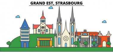 Fransa, Strasbourg, Grand EST şehir manzarası: mimari, binalar, sokaklar, siluet, peyzaj, panorama, yerler. Düzenlenebilir vuruş. Düz çizgi vektör tasarlamak. İzole Icons set