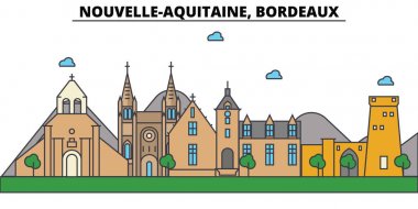 Fransa, Bordeaux, Nouvelle Aquitaine. Şehir manzarası: mimari, binalar, sokaklar, siluet, peyzaj, panorama, yerler. Düzenlenebilir vuruş. Düz çizgi vektör tasarlamak