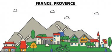 Fransa, Provence. Şehir manzarası: mimari, binalar, sokaklar, siluet, peyzaj, panorama, yerler. Düzenlenebilir vuruş. Düz çizgi vektör çizim tasarım. İzole Icons set