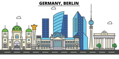 Berlin, Almanya. Şehir manzarası: mimari, binalar, sokaklar, siluet, peyzaj, panorama, yerler. Düzenlenebilir vuruş. Düz çizgi vektör çizim tasarım. İzole Icons set