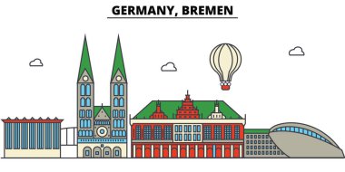 Bremen, Almanya. Şehir manzarası: mimari, binalar, sokaklar, siluet, peyzaj, panorama, yerler. Düzenlenebilir vuruş. Düz çizgi vektör çizim tasarım. İzole Icons set
