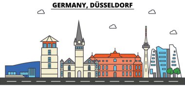 Dusseldorf, Almanya. Şehir manzarası: mimari, binalar, sokaklar, siluet, peyzaj, panorama, yerler. Düzenlenebilir vuruş. Düz çizgi vektör çizim tasarım. İzole Icons set