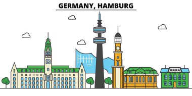 Hamburg, Almanya. Şehir manzarası: mimari, binalar, sokaklar, siluet, peyzaj, panorama, yerler. Düzenlenebilir vuruş. Düz çizgi vektör çizim tasarım. İzole Icons set