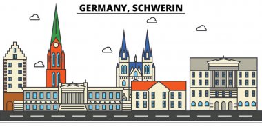 Schwerin, Almanya. Şehir manzarası: mimari, binalar, sokaklar, siluet, peyzaj, panorama, yerler. Düzenlenebilir vuruş. Düz çizgi vektör çizim tasarım. İzole Icons set