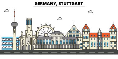 Stuttgart, Almanya. Şehir manzarası: mimari, binalar, sokaklar, siluet, peyzaj, panorama, yerler. Düzenlenebilir vuruş. Düz çizgi vektör çizim tasarım. İzole Icons set