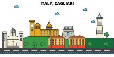 İtalya, Cagliari. Şehir manzarası: mimari, binalar, sokaklar, siluet, peyzaj, panorama, yerler. Düzenlenebilir vuruş. Düz çizgi vektör çizim tasarım. İzole Icons set