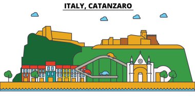 İtalya, Catanzaro. Şehir manzarası: mimari, binalar, sokaklar, siluet, peyzaj, panorama, yerler. Düzenlenebilir vuruş. Düz çizgi vektör çizim tasarım. İzole Icons set