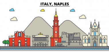 İtalya, Napoli. Şehir manzarası: mimari, binalar, sokaklar, siluet, peyzaj, panorama, yerler. Düzenlenebilir vuruş. Düz çizgi vektör çizim tasarım. İzole Icons set