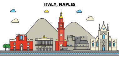 Italy, Naples. City skyline: architecture, buildings, streets, silhouette, landscape, panorama, landmarks. Editable strokes. Flat design line vector illustration concept. Isolated icons set clipart