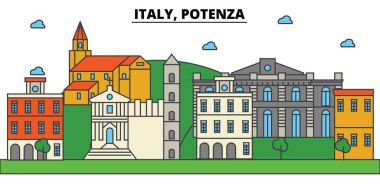 İtalya, Potenza. Şehir manzarası: mimari, binalar, sokaklar, siluet, peyzaj, panorama, yerler. Düzenlenebilir vuruş. Düz çizgi vektör çizim tasarım. İzole Icons set