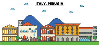 İtalya, Perugia. Şehir manzarası: mimari, binalar, sokaklar, siluet, peyzaj, panorama, yerler. Düzenlenebilir vuruş. Düz çizgi vektör çizim tasarım. İzole Icons set