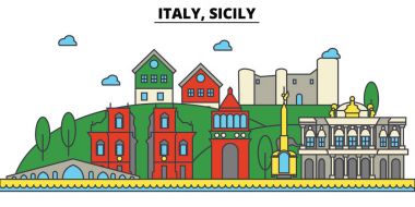 İtalya, Sicilya. Şehir manzarası: mimari, binalar, sokaklar, siluet, peyzaj, panorama, yerler. Düzenlenebilir vuruş. Düz çizgi vektör çizim tasarım. İzole Icons set