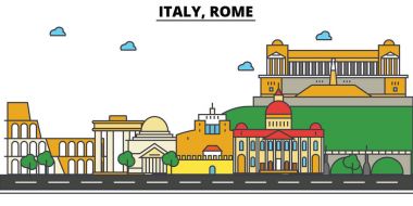İtalya, Roma. Şehir manzarası: mimari, binalar, sokaklar, siluet, peyzaj, panorama, yerler. Düzenlenebilir vuruş. Düz çizgi vektör çizim tasarım. İzole Icons set