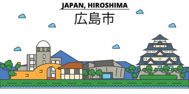 Japonya, Hiroşima. Şehir manzarası: mimari, binalar, sokaklar, siluet, peyzaj, panorama, yerler. Düzenlenebilir vuruş. Düz çizgi vektör çizim tasarım. İzole Icons set
