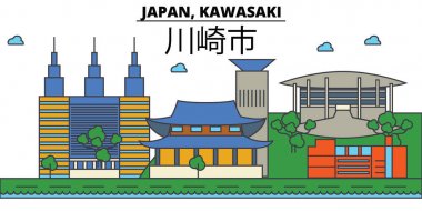 Japonya, Kawasaki. Şehir manzarası: mimari, binalar, sokaklar, siluet, peyzaj, panorama, yerler. Düzenlenebilir vuruş. Düz çizgi vektör çizim tasarım. İzole Icons set
