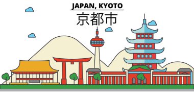Japonya, Kyoto. Şehir manzarası: mimari, binalar, sokaklar, siluet, peyzaj, panorama, yerler. Düzenlenebilir vuruş. Düz çizgi vektör çizim tasarım. İzole Icons set