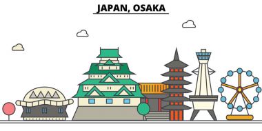 Japonya, Osaka. Şehir manzarası: mimari, binalar, sokaklar, siluet, peyzaj, panorama, yerler. Düzenlenebilir vuruş. Düz çizgi vektör çizim tasarım. İzole Icons set