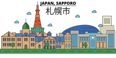 Japonya Sapporo. Şehir manzarası: mimari, binalar, sokaklar, siluet, peyzaj, panorama, yerler. Düzenlenebilir vuruş. Düz çizgi vektör çizim tasarım. İzole Icons set