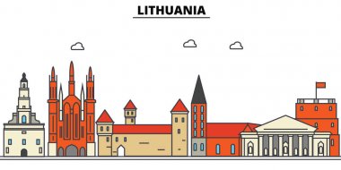 Litvanya. Şehir manzarası: mimari, binalar, sokaklar, siluet, peyzaj, panorama, yerler. Düzenlenebilir vuruş. Düz çizgi vektör çizim tasarım. İzole Icons set