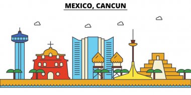 Meksika, Cancun. Şehir manzarası: mimari, binalar, sokaklar, siluet, peyzaj, panorama, yerler. Düzenlenebilir vuruş. Düz çizgi vektör çizim tasarım. İzole Icons set